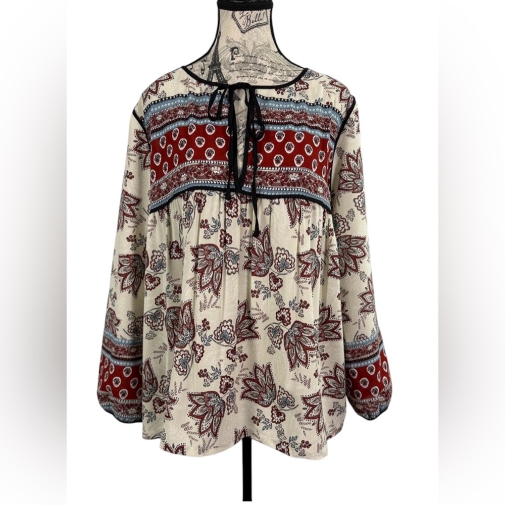 Sanctuary Boho Maximalism Red& Cream Floral Tunic Top Front keyhole Tie Size L
